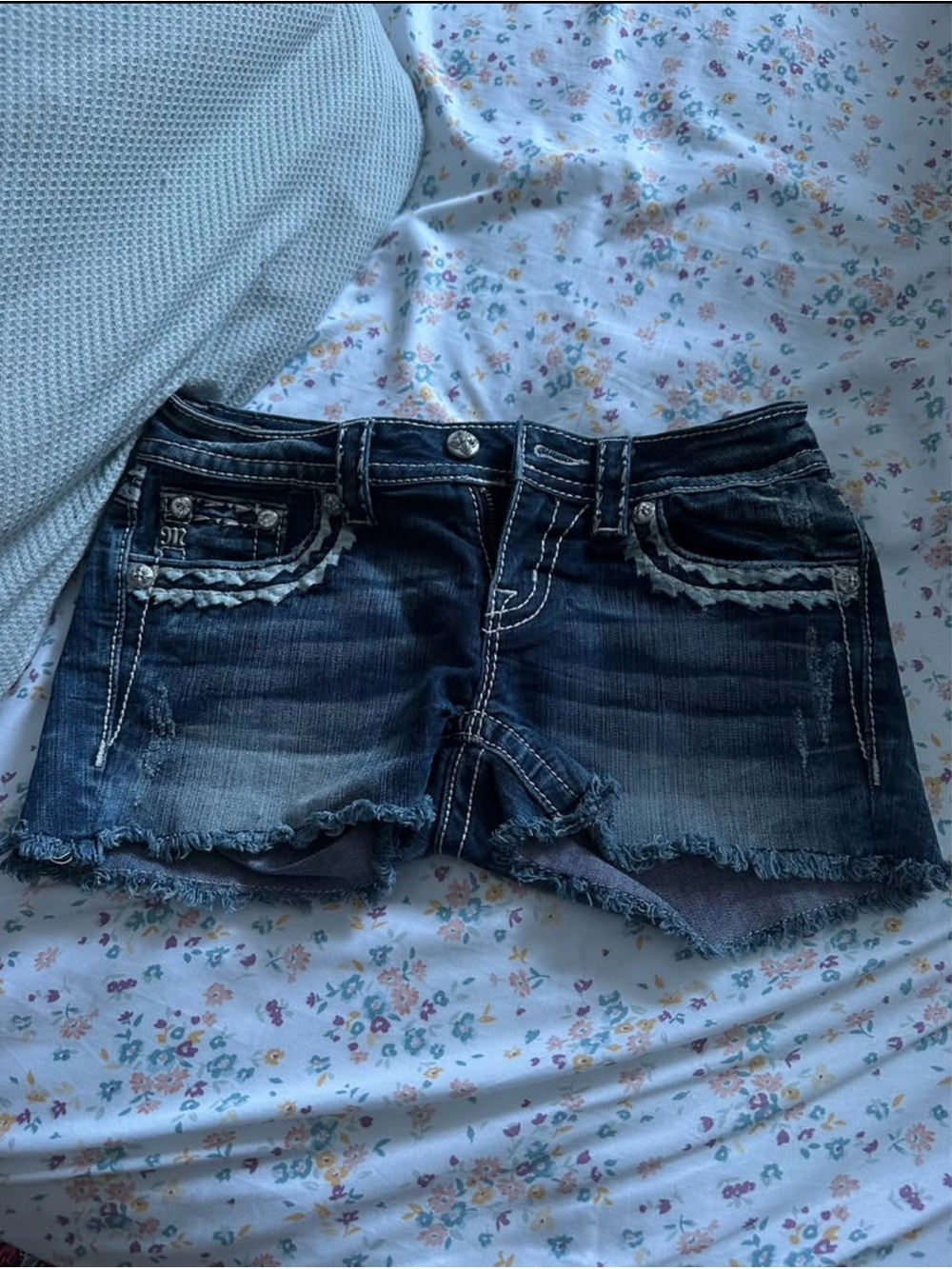 Miss Me Dark Blue Distressed Denim Jean Shorts